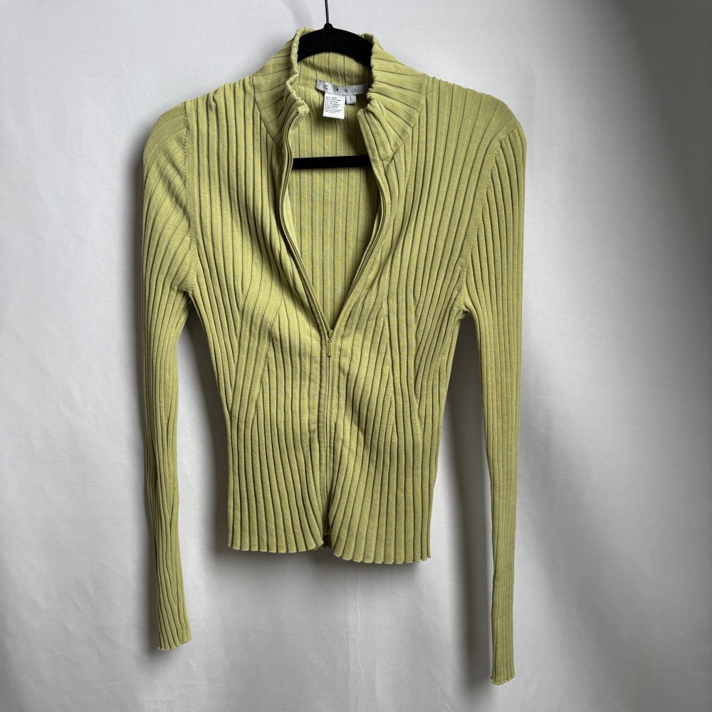 Cabi Silk Blend Ribbed Zip Up Mock Neck Sweater Jacket Chartreuse Green L Fitted